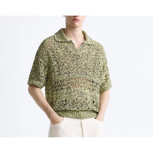 Zara mens size XL knit sheer bright yellow and green oversize short sleeve polo